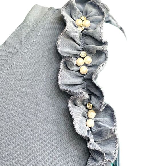 Violet Weekend Dusty Blue Rhinestone & Pearl Sleeve Ruffle Dress Size Small - Picture 7 of 9